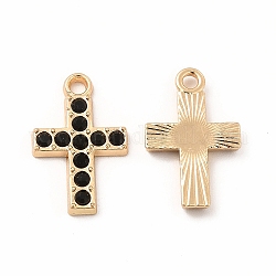 Placage de rack pendentifs en strass en alliage écologique, charme de croix de religion, or, jet, 16x10x2mm, Trou: 1.6mm