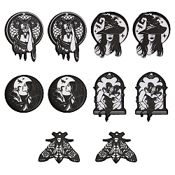 CHGCRAFT 10Pcs 5 Style Printed Acrylic Pendants, Hecate with Ram Skull & Snake & Moth & Witch Hat Charm, Black, 28.4~43.5x37.5~35.7x2.5~2.8mm, Hole: 1.8~2mm, 2pcs/style