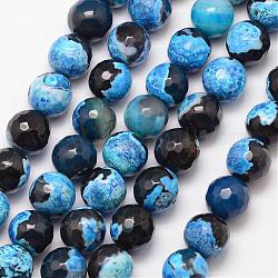 Natural Fire Crackle Agate Bead Strands, Round, Grade A, Faceted, Dyed & Heated, Deep Sky Blue, 10mm, Hole: 1mm, about 37pcs/strand, 15 inch