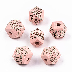 Painted Natural Wood Beads, Laser Engraved Pattern, Faceted, Polygon with Leopard Print, Pink, 10x10x10mm, Hole: 2mm