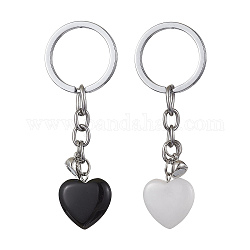 Porte-clés en pierre noire naturelle et cœur en jade blanc naturel, alliage magnétique fermoir coeur couple porte-clés, 7.8 cm, 2 pièces / kit