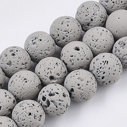Brins de perles de pierre de lave naturelle peintes à la bombe, ronde, grises , 8~9mm, Trou: 0.7mm, Environ 47~48 pcs/chapelet, 15.75 pouce (40 cm)