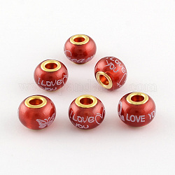 Rondelle Spray Painted Glass European Large Hole Beads, with Pattern Printed and Double Golden Brass Cores, Crimson, 11.5x14mm, Hole: 5mm