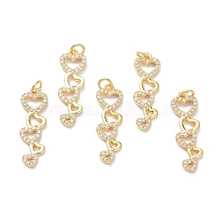 Brass Micro Pave Clear Cubic Zirconia Pendants, with Jump Ring, Long-Lasting Plated, Heart, Real 18K Gold Plated, 28.5x9x2mm, Jump Rings: 5x1mm, 3mm Inner Diameter