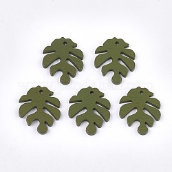 Pendentifs en bois de peuplier peint, breloques de feuilles tropicales, feuille de monstera, vert olive, 30x24x2.5~3mm, Trou: 1.5~2mm