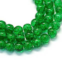 Hilos de abalorios redondas de vidrio craquelado transparente pintado de hornear, verde, 10~10.5mm, agujero: 1.5 mm, aproximamente 85 pcs / cadena, 31.4 pulgada