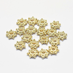 Perlas espaciadoras de latón chapado de larga duración, real 18k chapado en oro, sin níquel, flor, 7.5x2mm, agujero: 2 mm