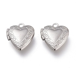 316 Stainless Steel Locket Pendants, Photo Frame Charms for Necklaces, Heart, Stainless Steel Color, 15x13x4.5mm, Hole: 1.6mm, Inner Diameter: 8x6mm