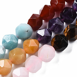 Chakra Theme Natural Tiger Eye & Rose Quartz & Amethyst & Topaz Jade & Red Agate & Amazonite & Sodalite Beads Strands, Star Cut Round Beads, Faceted, 10x9~10mm, Hole: 1mm, about 39pcs/strand, 15.55 inch(39.5cm)