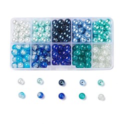 Kits de perles en verre craquelé & en verre peint à cuisson mixte, ronde, couleur mixte, 8~8.5x7.5~8mm, Trou: 1mm, environ 19~20pcs / compartiment, 190~200 pcs / boîte