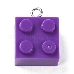 樹脂チャーム  プラチナ鉄ループ付き  おもちゃのレンガ  青紫色  21x15.5x11mm  穴：2.6mm