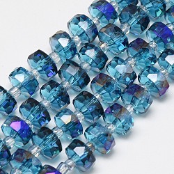 Chapelets de perles en verre électroplaqué, arc-en-ciel plaqué, facette, plat rond, bleu royal, 7~8x5mm, Trou: 1mm, Environ 80 pcs/chapelet, 21.26 pouce