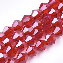 Galvanisieren Glasperlen, Mit Perlglanz plattiert, facettiert, Doppelkegel, rot, 6x5.5~6 mm, Bohrung: 1 mm, ca. 44~47 Stk. / Strang, 11.02 Zoll