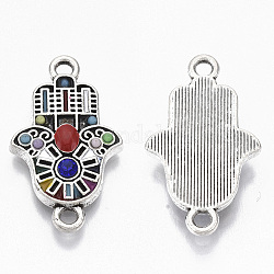 Alloy Enamel Links, with Colorful Resin and Rhinestone, Hamsa Hand/Hand of Fatima/Hand of Miriam, Antique Silver, 23.5x14x3mm, Hole: 1.8mm