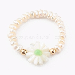 Anelli elastici con perline di perle naturali, con perle di conchiglia naturale, fiore, verde chiaro, diametro interno: 17x20mm
