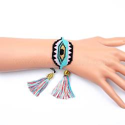 Braccialetto di perline intrecciate con semi di miyuki con doppia nappa, braccialetto da donna in stile etnico fortunato esagonale con malocchio, colorato, 11 pollice (28 cm)