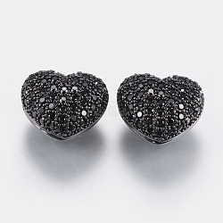Brass Micro Pave Cubic Zirconia Beads, Hollow Heart, Black, Gunmetal, 11.5x14x8mm, Hole: 2mm