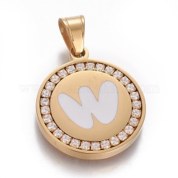 304 Stainless Steel Enamel Pendants, with Cubic Zirconia, Flat Round with Letter, Golden, Clear, Letter.W, 29x25x3mm, Hole: 5.5x8.5mm