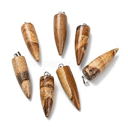Pendentifs de jaspe avec image naturelle, avec les accessoires en laiton de platine, balle, 32~35x10~11mm, Trou: 7mm