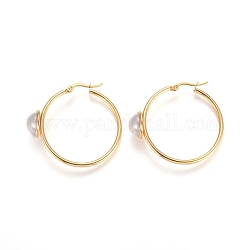 304 Stainless Steel Hoop Earrings, with Acrylic Imitation Pearl, Ring, Golden, 37x40.5x2~12mm, Pin: 1x0.6mm