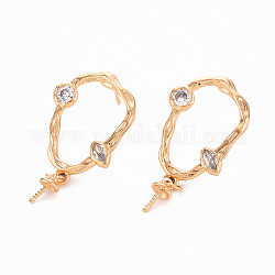 Brass Micro Pave Clear Cubic Zirconia Earring Findings, for Half Drilled Beads, Nickel Free, Oval, Real 18K Gold Plated, 27~28.5x14mm, Pin: 0.8mm, Pin: 0.8mm(for Half Drilled Beads)
