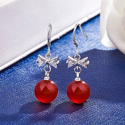 Bowknot mit runden Perlen Ohrringe für Mädchen Frauen, Messing Micro Pave Zirkonia Ohrringe, rot, Platin Farbe