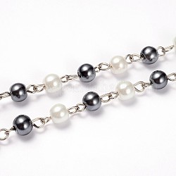 Perles de verre perles rondes chaînes pour création de colliers bracelets, avec épingle à oeil en fer platine, non soudée, grises , 39.3 pouce, perle: 6 mm