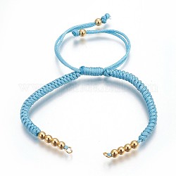 Nylon Cord Braided Bead Bracelets Making, with Brass Beads, Long-Lasting Plated, Real 24K Gold Plated, Sky Blue, 10-1/4 inch(26cm)~11-5/8 inch(29.6cm)