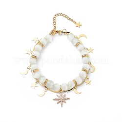 Bracelet multi-rangs en perles rondes et chaîne à maillons en laiton œil de chat, bracelet double couche avec breloques étoile et lune en zircone cubique claire pour femme, or, 7-3/4 pouce (19.6 cm)