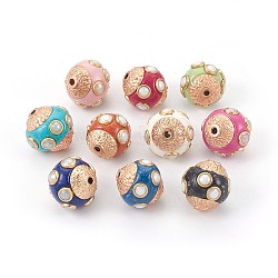 Perles Indonésiennes manuelles, avec les accessoires en métal, ronde, couleur mixte, 14~15x14.5~15mm, Trou: 1.6mm
