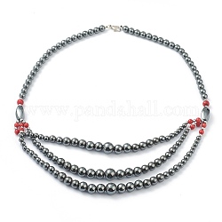 Non-Magnetic Synthetic Hematite & Turquoise Beades 3 Layer Necklaces, with Alloy Lobster Claw Clasps, Round & Twistd, Red, 20.27 inch(51.5cm), Twistd: 15.5x8x8mm