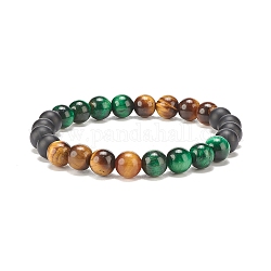 Bracelet extensible en perles rondes en oeil de tigre naturel et agate noire, bijoux en pierres précieuses pour femmes, verte, diamètre intérieur: 2-1/8 pouce (5.5 cm)