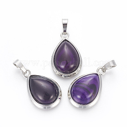 Natural Agate Pendants, with Brass Findings, teardrop, Platinum, 26x16~17x8~10mm, Hole: 8x5mm