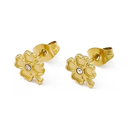 Boucles d'oreilles clous trèfle strass, bijoux en acier inoxydable doré 304 pour femme, cristal, 8.5x7mm, pin: 0.8 mm