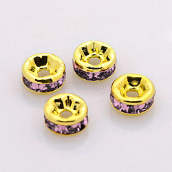Perles séparateurs en laiton avec strass, Grade a, bride droite, métal couleur or, rondelle, améthyste claire, 8x3.8mm, Trou: 1.5mm