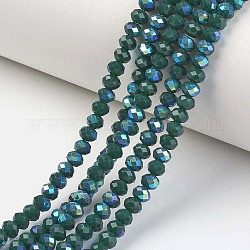 Chapelets de perles en verre opaque de couleur unie, demi arc-en-ciel plaqué, facette, rondelle, sarcelle, 8x6mm, Trou: 1mm, Environ 65~68 pcs/chapelet, 15.7~16.1 pouce (40~41 cm)
