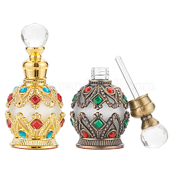 Nbeads 2 pièces 2 couleurs style arabe vintage verre ouvrable parfum bouteille d'huile essentielle, bouteilles rechargeables, avec les accessoires en alliage, couleur mixte, capacité: 15 ml (0.5 oz liq.), 4.05x8.3 cm, Diamètre intérieur: 0.75 cm, 1 pc / couleur