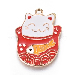 Pendentifs chaton porte-bonheur en alliage émail, Maneki neko / chat faisant signe avec forme de poisson, or clair, rouge, 32.5x25x2mm, Trou: 2mm
