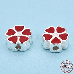 Perles 925 en argent sterling, avec l'émail, fleur, rouge foncé, 7.5x8x3.5mm, Trou: 1.5mm