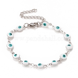 Ovale en émail avec bracelet chaînes à maillons mauvais œil, 304 bijoux en acier inoxydable pour femme, couleur inoxydable, blanc, 6-1/2 pouce (16.5 cm)