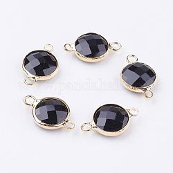 Golden Tone Brass Glass Links connectors, Faceted, Flat Round, Black, 15x8.5x3.5mm, Hole: 1.5mm