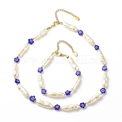 Abs 模造真珠 & ミッレフィオーリ ガラス ビーズ ネックレス ブレスレット  女性のためのジュエリーセット  ブルー  7-1/2インチ（19.2cm）  15.94インチ（40.5cm）