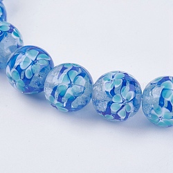 Manuell Murano Glas Perlen, Runde mit Blume, hellblau, 14x13~14 mm, Bohrung: 2 mm