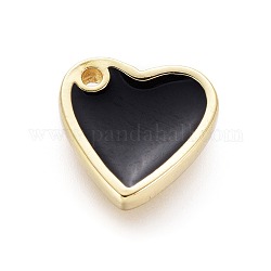 Charms smalto ottone, cuore, oro, nero, 10x10x2mm, Foro: 1.2 mm