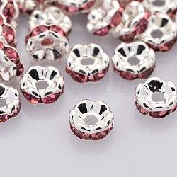 Perles séparateurs en laiton avec strass, grade AAA, bord ondulé, sans nickel, couleur argentée, rondelle, rose, 8x3.8mm, Trou: 1.5mm
