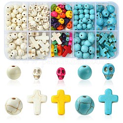 10 styles de perles turquoise synthétiques, crâne et rond et croix, formes mixtes, mélangé teint et non teint, couleur mixte, 6~16x6~12x3.5~7mm, Trou: 1mm
