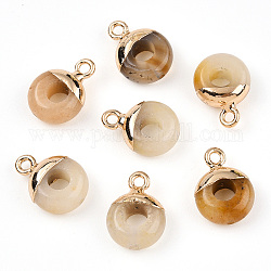Flache runde/Donut-Charms aus natürlicher Topas-Jade, mit goldfarbenen Messingschlaufen mit Gestellbeschichtung, 14x10 mm