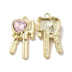 Glasherz-Schlüsselanhänger, mit hellgoldenem Legierungsbefund, langlebig plattiert, cadmiumfrei und bleifrei, rosa, 28x15x5 mm, Bohrung: 2 mm