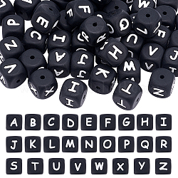 ARRICRAFT 52Pcs 26 Style Silicone Beads, Cube with Letter, Black, 12x12x12mm, Hole: 2mm, 2pcs/style