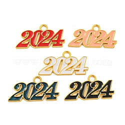 Colgantes de esmalte de aleación, sin plomo y cadmio, encanto número 2024, dorado, color mezclado, 18.5x36.5x1.5mm, agujero: 4 mm